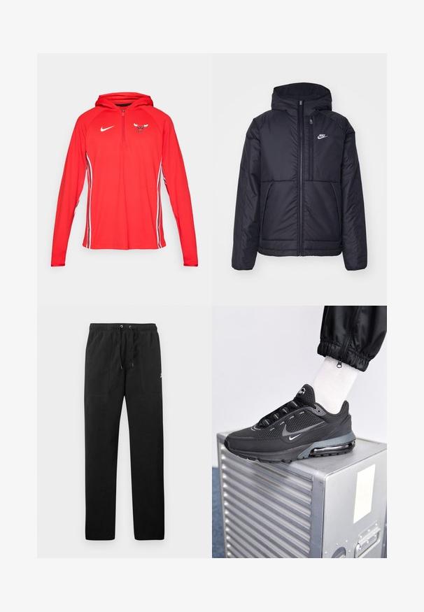 Černá zateplená bunda Nike s předním zipem a kapucí. Na levé straně hrudi má bílé logo a dvojité přední kapsy. Hladký povrch.; Červená mikina Nike s půlzipem vpředu, na hrudi s logem Bulls a bílými postranními pruhy na rukávech. Hladká, lehká tkanina.; Černé teplákové kalhoty vyrobené z fleecu, s elastickým pasem a šňůrkami, dvěma předními kapsami a malým logem na stehně.; Nike Sportswear PULSE - Tenisky - black/anthracite