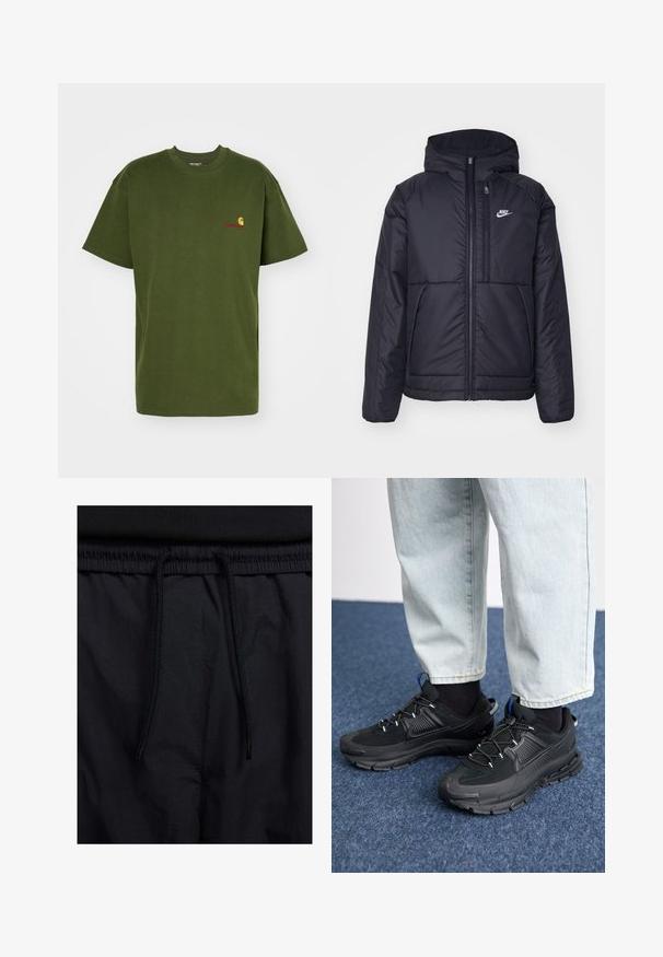 Black, padded Nike jacket with a front zipper and hood. Features a white logo on the left chest and dual front pockets. Smooth exterior texture.; Carhartt WIP AMERICAN SCRIPT - Basic T-shirt - tarragon; Black shorts featuring a drawstring waistband, lightweight fabric with a smooth texture, and a simple design without visible logos or patterns.; Black athletic shoes with textured fabric and rubber soles, featuring elastic laces and a blue accent on the heel. Worn with light denim pants.