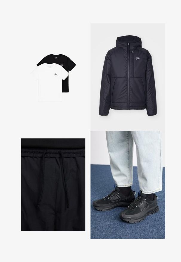 Black, padded Nike jacket with a front zipper and hood. Features a white logo on the left chest and dual front pockets. Smooth exterior texture.; Two crewneck t-shirts: one white and one black. Both feature small logo accents on the left chest. Made of soft cotton fabric.; Black shorts featuring a drawstring waistband, lightweight fabric with a smooth texture, and a simple design without visible logos or patterns.; Black athletic shoes with textured fabric and rubber soles, featuring elastic laces and a blue accent on the heel. Worn with light denim pants.