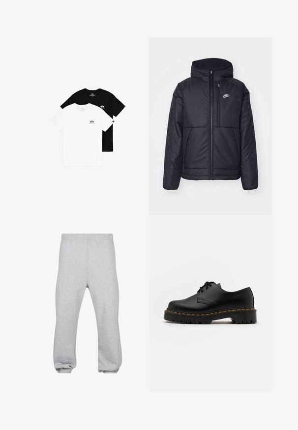 Musta, pehmustettu Nike-takki, jossa on etuvetoketju ja huppu. Vasemmassa rinnassa on valkoinen logo ja takissa on kaksinkertaiset etutaskut. Pintakoe on sileä.; Kaksi pyöreäkaulaista t-paitaa: yksi valkoinen ja yksi musta. Molemmissa on pieni logo vasemmassa rinnassa. Valmistettu pehmeästä puuvillakankaasta.; Harmaat verkkarit, jotka on valmistettu puuvillasekoitteesta, ja niissä on joustava vyötärö, kavennetut lahkeet ja resoroidut helmatt. Yksinkertainen muotoilu ilman kuvioita.; Musta nahkainen nauhakenkä, jossa on pyöreä kärki, kuvioitu kumipohja ja keltaiset tikit ympäri pohjaa. Litteä muotoilu ja sileä pinta.