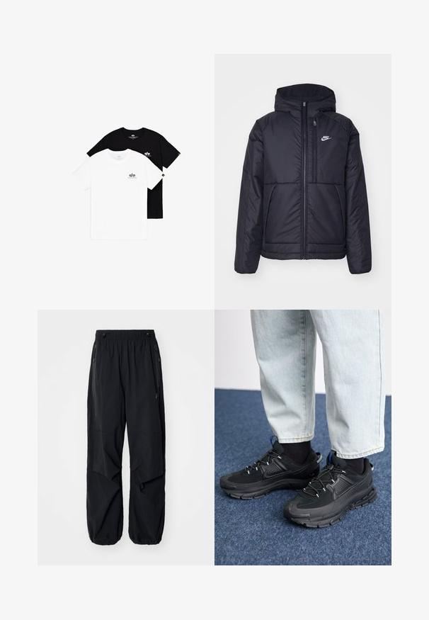 Zwarte, gewatteerde Nike-jas met een voorkant met ritssluiting en capuchon. Kenmerkt zich door een wit logo op de linkerborst en dubbele frontzakken. Gladde buitenkant.; Twee crewneck t-shirts: één wit en één zwart. Beide hebben kleine logo-accenten op de linkerborst. Gemaakt van zachte katoen.; Zwarte lichtgewicht cargobroek met een elastische tailleband, zijritsen en ruime zakken. Heeft een losse pasvorm en taps toelopende boorden.; Zwarte sportschoenen met gestructureerde stof en rubberen zolen, met elastische veters en een blauwe accent op de hiel. Draag samen met lichte spijkerbroeken.