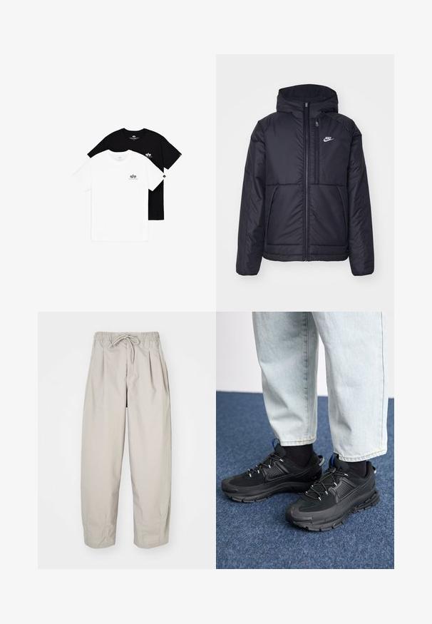 Casaco Nike preto, acolchoado, com fecho à frente e capuz. Apresenta um logo branco no lado esquerdo do peito e dois bolsos frontais. Textura exterior lisa.; Duas t-shirts de gola redonda: uma branca e uma preta. Ambas apresentam pequenos logotipos em destaque no lado esquerdo do peito. Feitas de um tecido de algodão macio.; Calças leves, bege, com cintura elástica e cordão. Apresenta pregas e um corte largo, confeccionadas em tecido suave e liso.; Sapatilhas desportivas pretas com tecido texturizado e solas em borracha, apresentando atacadores elásticos e um detalhe azul no calcanhar. Usadas com calças de ganga claras.