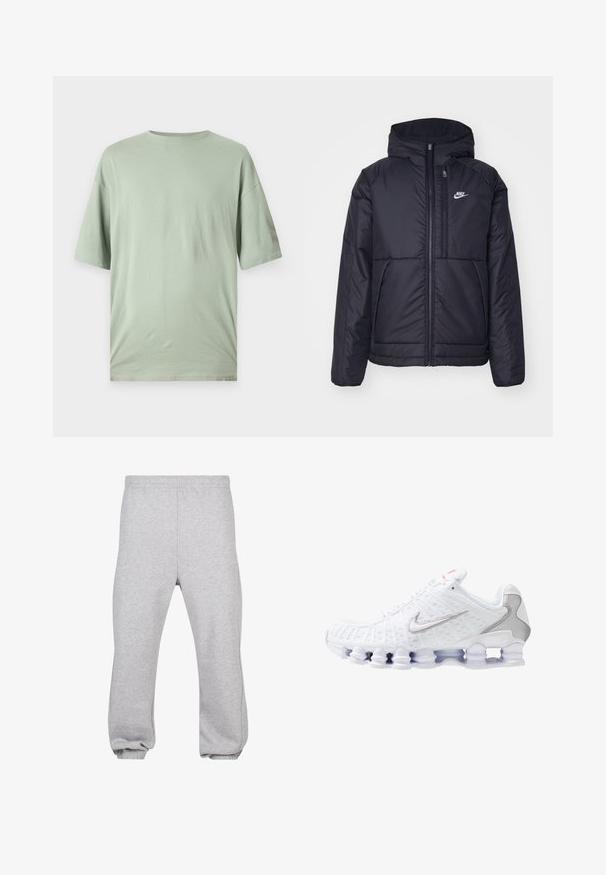 Juodas, paminkštintas Nike džemperis su priekyje užtrauktuku ir gobtuvu. Pasižymi balta logo kairėje krūtinės pusėje ir dviem priekinėmis kišenėmis. Su lygiu išoriniu paviršiumi.; Šviesiai žalia trumpomis rankovėmis marškinėliai, pagaminti iš minkštos medžiagos. Turi apvalų kaklą ir laisvą siluetą, be matomų raštų ar dekoracijų.; Pilkos medvilnės mišinio sportinės kelnės, su elastingu juosmeniu, siaurėjantys modeliai ir atsispaudžiamų kraštų. Paprastas dizainas be raštų.; Baltas sportinis batelis su tekstūruotu tinkliniu viršumi, sidabriniu Nike logotipu, paminkštintu auliuku ir unikaliu skaidrių plastikinių padų su spyruoklėmis dizainu.
