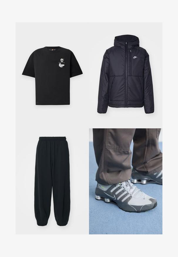 Melna, pufota Nike jaka ar priekšējo rāvējslēdzēju un kapuci. Iezīmēta ar baltu logotipu uz kreisās krūtis un divām priekšējām kabatām. Gluda ārējā tekstūra.; Melna kokvilnas T-kreklu ar īsām piedurknēm, ar baltu logotipu un grafisku dizainu uz krūtīm. Vienkāršs, brīvs piegriezums.; Melnas sporta bikses ar elastīgu jostasvietu, brīvu piegriezumu, aprocēm ap potītēm, gludu tekstūru, un bez redzamām rakstu vai aparatūras akcentiem.; Pelēki un sudraba Nike Shox sporta apavi izceļas ar elegantu dizainu, izmantojot acu un sintētiskos materiālus, apaļu purngalu un mīkstinātu apkakli.