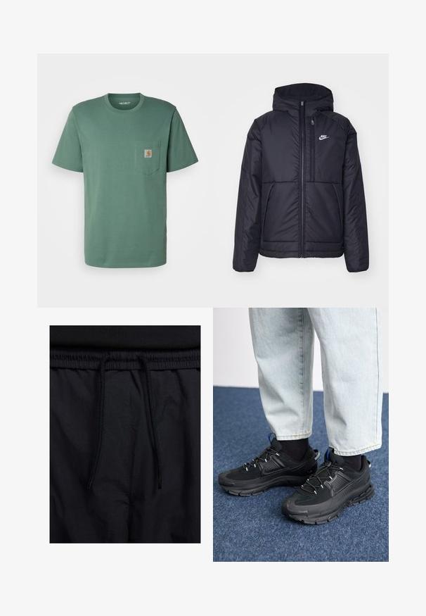 Jachetă Nike neagră, căptușită, cu fermoar pe față și glugă. Prezintă un logo alb pe pieptul stâng și două buzunare frontale. Textură exterioară netedă.; Carhartt WIP POCKET - Tricou basic - duck green; Șorturi negre cu un brâu reglabil, dintr-un material ușor cu o textură netedă și un design simplu, fără logo-uri sau modele vizibile.; Pantofi sport negri, cu țesătură texturată și tălpi din cauciuc, având șireturi elastice și un accent albastru pe toc. Purtați cu pantaloni din denim deschis.