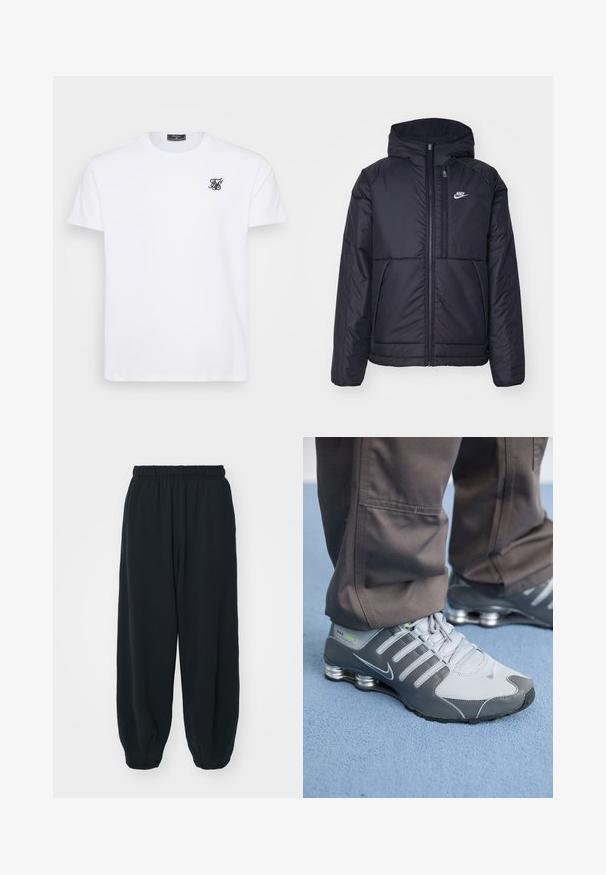 Casaco Nike preto, acolchoado, com fecho à frente e capuz. Apresenta um logo branco no lado esquerdo do peito e dois bolsos frontais. Textura exterior lisa.; T-shirt branca de algodão com decote redondo. Apresenta um pequeno logótipo preto bordado no peito. Mangas curtas e corte reto.; Calças de fato de treino pretas, com cintura elástica e um corte solto, com punhos nas pernas, textura suave e sem padrões visíveis ou detalhes de metal.; Ténis Nike Shox cinza e prata apresentam um design elegante, com materiais em malha e sintéticos, ponta arredondada e colarinho acolchoado.