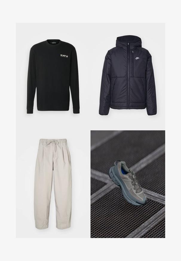 Schwarze, gepolsterte Nike-Jacke mit Frontreißverschluss und Kapuze. Hat ein weißes Logo auf der linken Brust und zwei Fronttaschen. Glattes äußeres Material.; KAVU ETCH ART - Langarmshirt - black; Beige, leichte Hose mit elastischem Bund und Zugband. Sie verfügt über Falten und eine lockere Passform, gefertigt aus weichem, glattem Stoff.; Beige und graue Sportschuhe mit strukturiertem Mesh-Obermaterial, runder Zehenkappe und Gummisohle, ausgestattet mit Schnürsenkeln und einem gepolsterten Schaft.