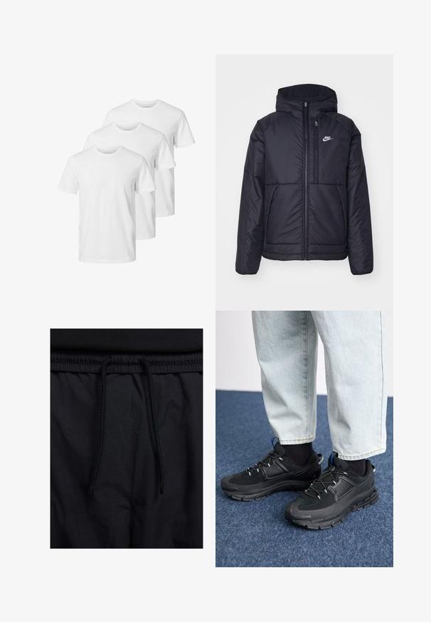 Casaco Nike preto, acolchoado, com fecho à frente e capuz. Apresenta um logo branco no lado esquerdo do peito e dois bolsos frontais. Textura exterior lisa.; T-shirts de algodão brancos com design de gola redonda, apresentando mangas curtas e um ajuste padrão. Três camisetas estão dispostas em fila.; Calções pretos com um cós elástico ajustável, fabricados em tecido leve com uma textura suave e um design simples, sem logótipos ou padrões visíveis.; Sapatilhas desportivas pretas com tecido texturizado e solas em borracha, apresentando atacadores elásticos e um detalhe azul no calcanhar. Usadas com calças de ganga claras.