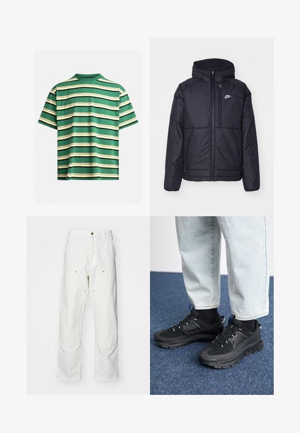 Black, padded Nike jacket with a front zipper and hood. Features a white logo on the left chest and dual front pockets. Smooth exterior texture.; Green short-sleeve t-shirt featuring horizontal stripes in white, yellow, and black. Made from comfortable fabric with a classic crew neckline.; White cotton cargo pants with a relaxed fit. Features include front pockets, gold hardware accents, and reinforced knee sections.; Black athletic shoes with textured fabric and rubber soles, featuring elastic laces and a blue accent on the heel. Worn with light denim pants.