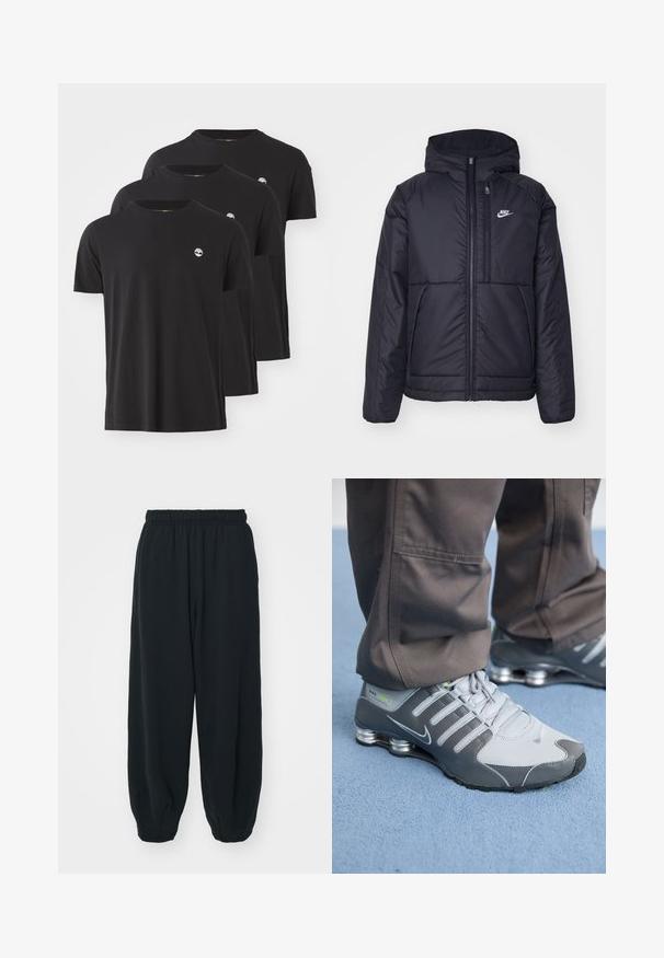 Svart, polstret Nike-jakke med frontglidelås og hette. Har en hvit logo på venstre bryst og doble frontlommer. Glatt ytterside.; Tre svarte bomull t-skjorter med rund hals, korte ermer og en liten hvit logo på venstre bryst. Glatt tekstur og normal passform.; Sorte, joggebukser med elastisk liv, løs passform, mansjetter på ankler, glatt tekstur og uten synlige mønstre eller hardware-detaljer.; Grå og sølv Nike Shox-sneakers har et slankt design, med mesh- og syntetiske materialer, en rund tå og en polstret krage.