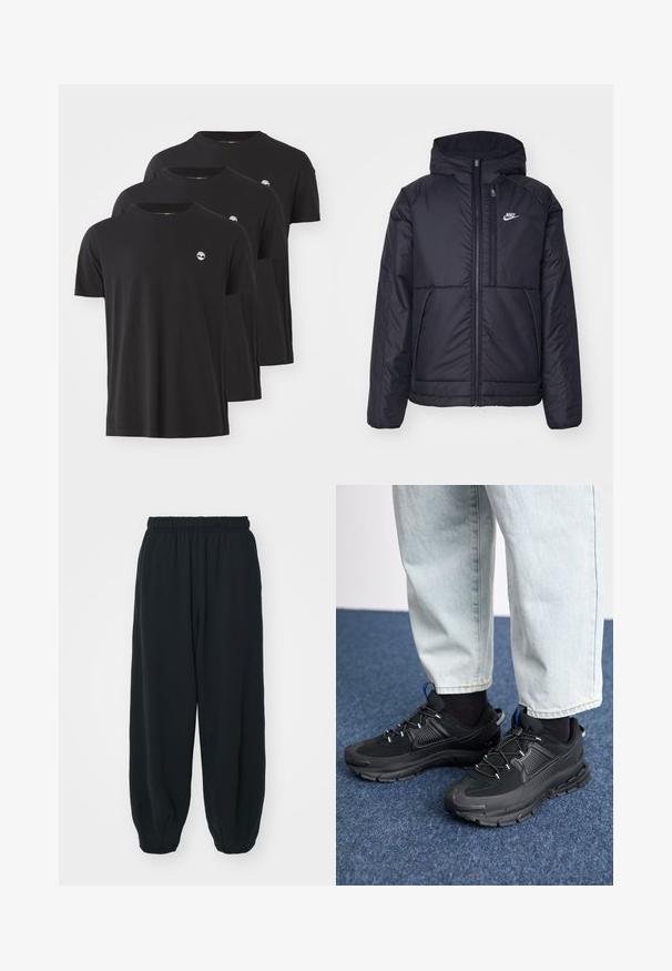 Casaco Nike preto, acolchoado, com fecho à frente e capuz. Apresenta um logo branco no lado esquerdo do peito e dois bolsos frontais. Textura exterior lisa.; Três t-shirts de algodão pretas com decote redondo, mangas curtas e um pequeno logotipo branco no lado esquerdo do peito. Textura suave e corte regular.; Calças de fato de treino pretas, com cintura elástica e um corte solto, com punhos nas pernas, textura suave e sem padrões visíveis ou detalhes de metal.; Sapatilhas desportivas pretas com tecido texturizado e solas em borracha, apresentando atacadores elásticos e um detalhe azul no calcanhar. Usadas com calças de ganga claras.