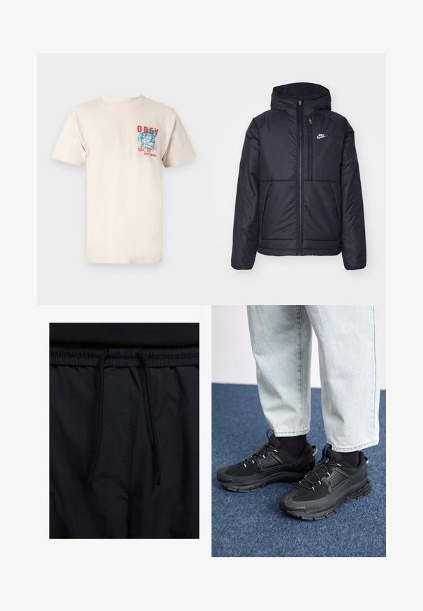 Casaco Nike preto, acolchoado, com fecho à frente e capuz. Apresenta um logo branco no lado esquerdo do peito e dois bolsos frontais. Textura exterior lisa.; T-shirt de algodão de cor creme com mangas curtas, apresentando texto gráfico em vermelho e azul: "OBEY MAKE ART NOT WAR" no peito.; Calções pretos com um cós elástico ajustável, fabricados em tecido leve com uma textura suave e um design simples, sem logótipos ou padrões visíveis.; Sapatilhas desportivas pretas com tecido texturizado e solas em borracha, apresentando atacadores elásticos e um detalhe azul no calcanhar. Usadas com calças de ganga claras.