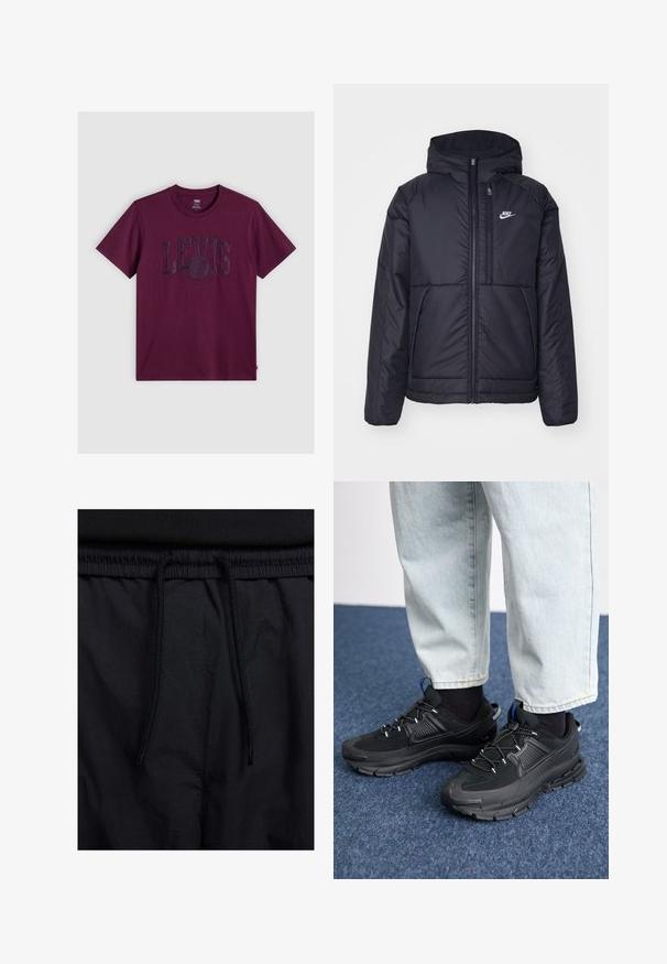 Black, padded Nike jacket with a front zipper and hood. Features a white logo on the left chest and dual front pockets. Smooth exterior texture.; Burgundy T-shirt made of cotton, featuring a large, embossed LEVI'S logo across the chest. Classic crew neckline and short sleeves.; Black shorts featuring a drawstring waistband, lightweight fabric with a smooth texture, and a simple design without visible logos or patterns.; Black athletic shoes with textured fabric and rubber soles, featuring elastic laces and a blue accent on the heel. Worn with light denim pants.