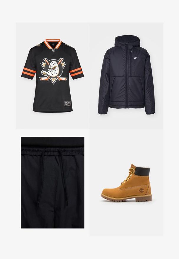Casaco Nike preto, acolchoado, com fecho à frente e capuz. Apresenta um logo branco no lado esquerdo do peito e dois bolsos frontais. Textura exterior lisa.; Jersey de hockey preto com um prominente logo de máscara branca, detalhes laranja nas mangas e um colarinho em V com listras contrastantes.; Calções pretos com um cós elástico ajustável, fabricados em tecido leve com uma textura suave e um design simples, sem logótipos ou padrões visíveis.; Bota de tornozelo em couro castanho com ilhós de metal, forro de pelúcia branca, colarinho acolchoado preto, sola robusta e logótipos em relevo de um lado.
