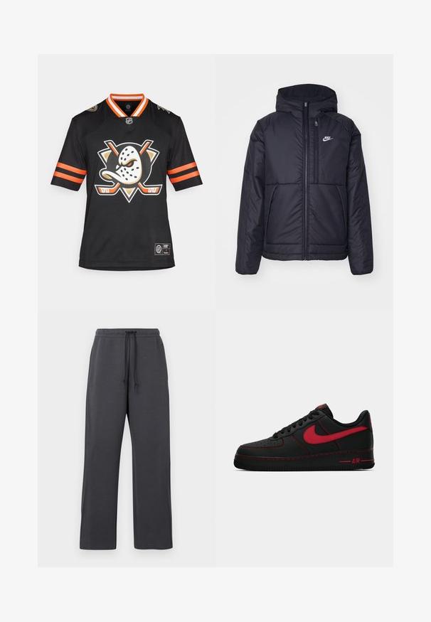 Černá zateplená bunda Nike s předním zipem a kapucí. Na levé straně hrudi má bílé logo a dvojité přední kapsy. Hladký povrch.; Černý hokejový dres s výrazným bílým logem masky, oranžovými akcenty na rukávech a límcem ve tvaru V s kontrastními pruhy.; Šedé tepláky s elastickým pasem na stažení, vyrobené z měkké látky. Široké nohavice s bočními švy, minimální zdobení a žádné viditelné vzory.; Černé kožené tenisky Nike Air Force 1 s červenými akcenty, s hladkým povrchem, perforovanou špičkou a kontrastním červeným prošíváním.