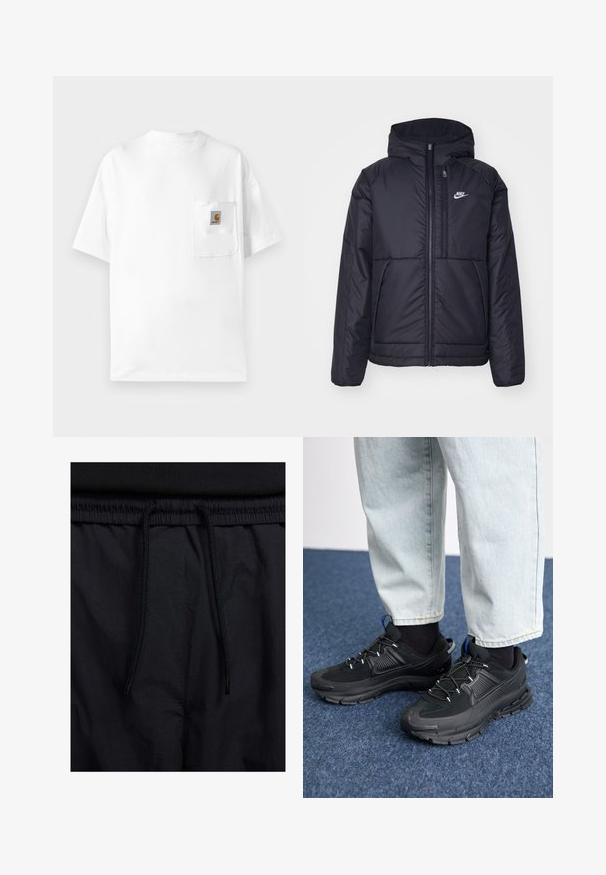 Svart, polstret Nike-jakke med frontglidelås og hette. Har en hvit logo på venstre bryst og doble frontlommer. Glatt ytterside.; Hvit bomulls t-skjorte med rund hals, korte ermer og brystlomme med logo-patch. Minimalistisk design og sømløs tekstur.; Sorte shorts med snor i livet, lett stoff med en jevn tekstur, og et enkelt design uten synlige logoer eller mønstre.; Svarte sportssko med teksturert stoff og gummisåler, med elastiske lisser og en blå detalj på hælen. Brukt med lyse denimbukser.