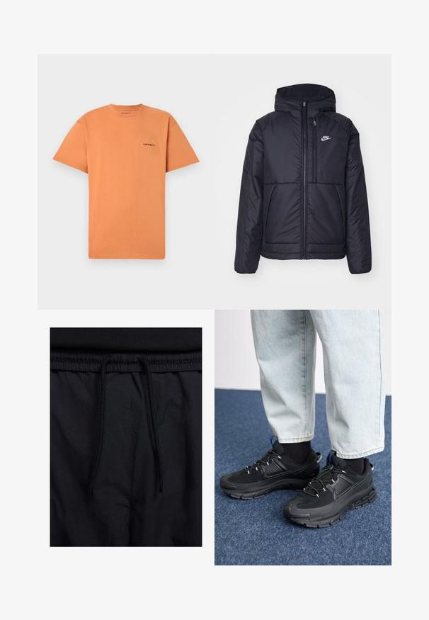 Musta, pehmustettu Nike-takki, jossa on etuvetoketju ja huppu. Vasemmassa rinnassa on valkoinen logo ja takissa on kaksinkertaiset etutaskut. Pintakoe on sileä.; Oranssia puuvillapaita, jossa on pyöreä kaula-aukko ja lyhyet hihat. Paidassa on pieni punaisella ja keltaisella brodeerattu Carhartt-logo rinnassa.; Mustat shortsit, joissa on naru vyötäröllä, kevyestä kankaasta valmistettu, sileä tekstuuri ja yksinkertainen muotoilu ilman näkyviä logoja tai kuvioita.; Mustat urheilukengät, joissa on teksturoitu kangas ja kumipohjat, elastiset nauhat ja sininen yksityiskohta kannassa. Yhdistetty vaaleisiin farkkuihin.