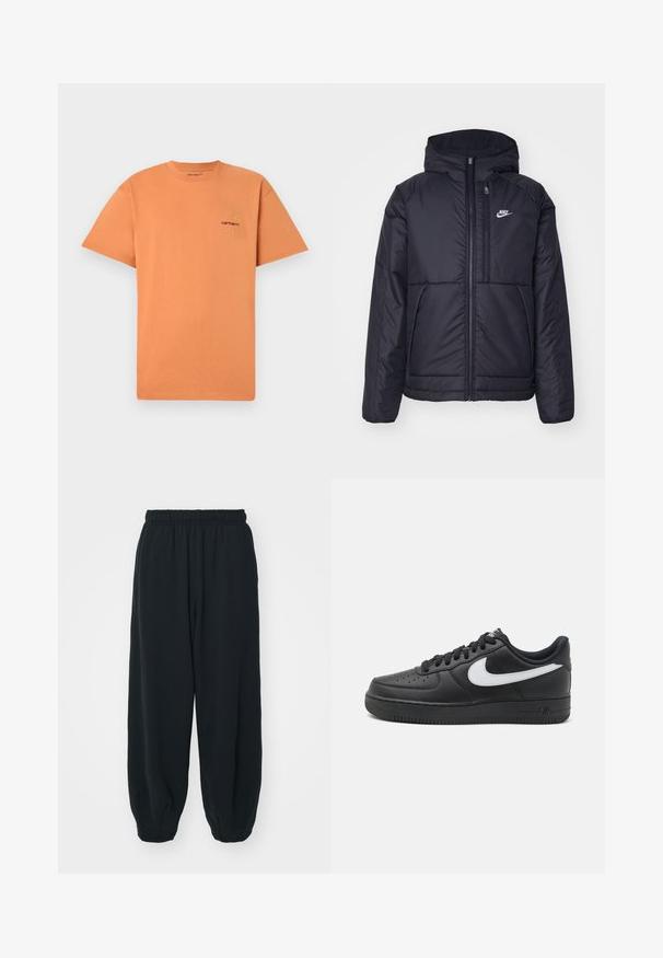 Schwarze, gepolsterte Nike-Jacke mit Frontreißverschluss und Kapuze. Hat ein weißes Logo auf der linken Brust und zwei Fronttaschen. Glattes äußeres Material.; Oranges Baumwoll-T-Shirt mit Rundhalsausschnitt und kurzen Ärmeln. Verfügt über ein kleines gesticktes Carhartt-Logo in Rot und Gelb auf der Brust.; Schwarze Sweatpants mit elastischem Bund, lockerer Passform, gerippten Beinabschlüssen, glatter Textur und ohne sichtbare Muster oder Hardware-Akzente.; Schwarze Nike Air Force 1 Sneakers mit einem glatten Lederobermaterial, weißem Logo-Akzent, durchlöchtem Zehenbereich und strukturierter Gummisohle.
