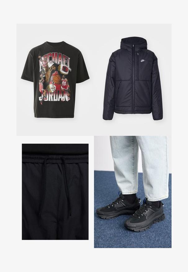 Chaqueta acolchada negra de Nike con cremallera frontal y capucha. Presenta un logo blanco en el lado izquierdo del pecho y dos bolsillos frontales. Textura exterior suave.; Camiseta de algodón negra con un collage de Michael Jordan en varios momentos, con texto en negrita y gráficos vibrantes en acentos rojos, blancos y amarillos.; Pantalones cortos negros con cinturilla ajustable, tejido ligero con una textura suave y un diseño sencillo sin logotipos visibles ni patrones.; Zapatillas deportivas negras con tejido texturizado y suelas de goma, con cordones elásticos y un acento azul en el talón. Combinadas con pantalones de mezclilla claros.