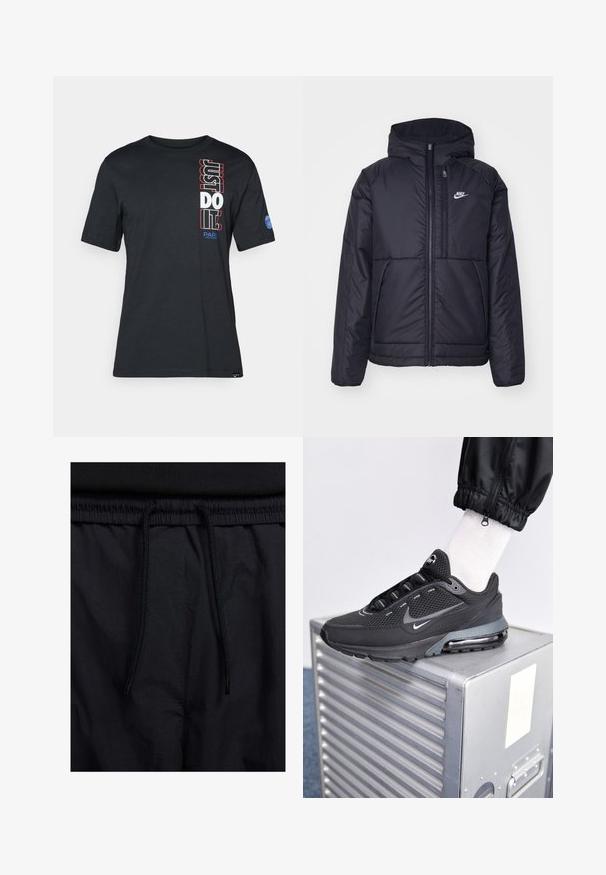 Černá zateplená bunda Nike s předním zipem a kapucí. Na levé straně hrudi má bílé logo a dvojité přední kapsy. Hladký povrch.; Černé bavlněné tričko s krátkými rukávy. Na něm se nachází výrazný vertikální nápis "JUST DO IT!" v červené a bílé barvě a modré logo na rukávu.; Černé šortky s páskem na šňůrku, lehký materiál s hladkou texturou a jednoduchý design bez viditelných log nebo vzorů.; Nike Sportswear PULSE - Tenisky - black/anthracite