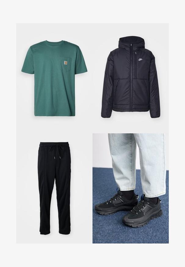 Juodas, paminkštintas Nike džemperis su priekyje užtrauktuku ir gobtuvu. Pasižymi balta logo kairėje krūtinės pusėje ir dviem priekinėmis kišenėmis. Su lygiu išoriniu paviršiumi.; Turkio spalvos medvilnės marškinėliai su trumpomis rankovėmis, apvalia iškirpte ir kairėje krūtinės pusėje esančiu kišeniu su kvadratiniu logotipo ženkleliu.; Juodos laisvos kelnės su raišteliu liemens, šoninėmis kišenėmis ir tiesiu kirpimu ant vienodos fono.; Juodi sportiniai bateliai su tekstūruota medžiaga ir guminiais padais, su elastingomis raišteliais ir mėlynu akcentu ant kulno. Dėvimi su šviesiai mėlynomis džinsinėmis kelnėmis.