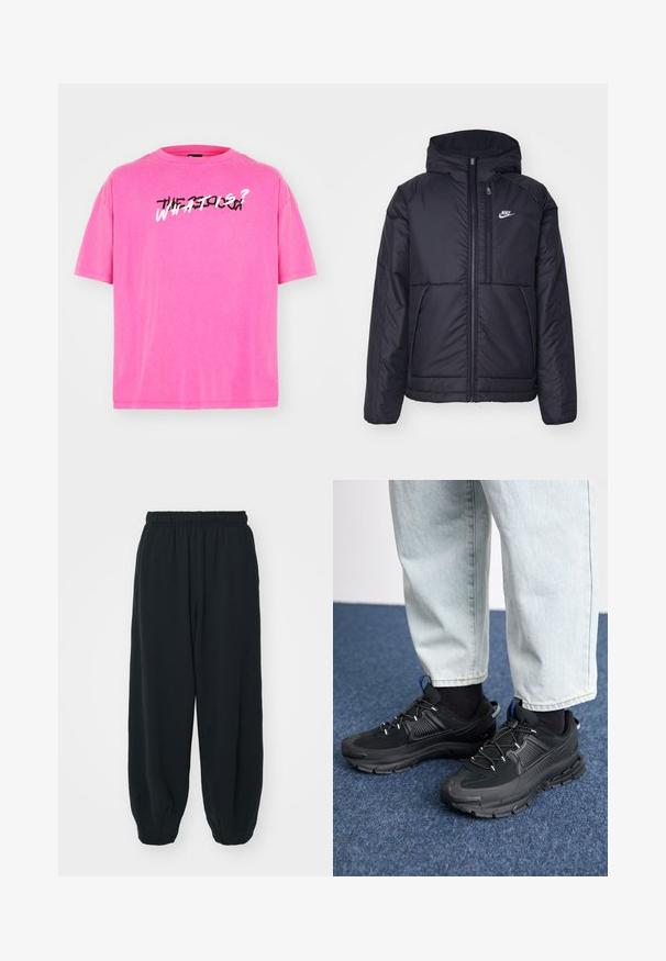Casaco Nike preto, acolchoado, com fecho à frente e capuz. Apresenta um logo branco no lado esquerdo do peito e dois bolsos frontais. Textura exterior lisa.; T-shirt de manga curta rosa choque feito de tecido suave. Apresenta uma impressão gráfica em texto preto e branco na parte da frente que diz "O QUE É?"; Calças de fato de treino pretas, com cintura elástica e um corte solto, com punhos nas pernas, textura suave e sem padrões visíveis ou detalhes de metal.; Sapatilhas desportivas pretas com tecido texturizado e solas em borracha, apresentando atacadores elásticos e um detalhe azul no calcanhar. Usadas com calças de ganga claras.