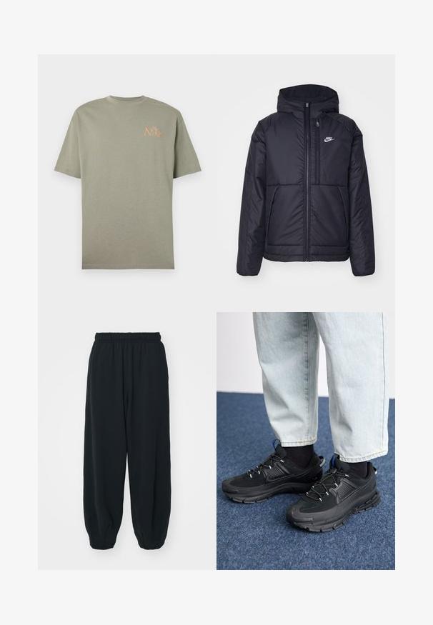 Casaco Nike preto, acolchoado, com fecho à frente e capuz. Apresenta um logo branco no lado esquerdo do peito e dois bolsos frontais. Textura exterior lisa.; T-shirt de algodão verde-oliva com gola redonda, mangas curtas e pequeno logotipo laranja da Nike no lado esquerdo do peito. Textura suave, ajuste casual.; Calças de fato de treino pretas, com cintura elástica e um corte solto, com punhos nas pernas, textura suave e sem padrões visíveis ou detalhes de metal.; Sapatilhas desportivas pretas com tecido texturizado e solas em borracha, apresentando atacadores elásticos e um detalhe azul no calcanhar. Usadas com calças de ganga claras.