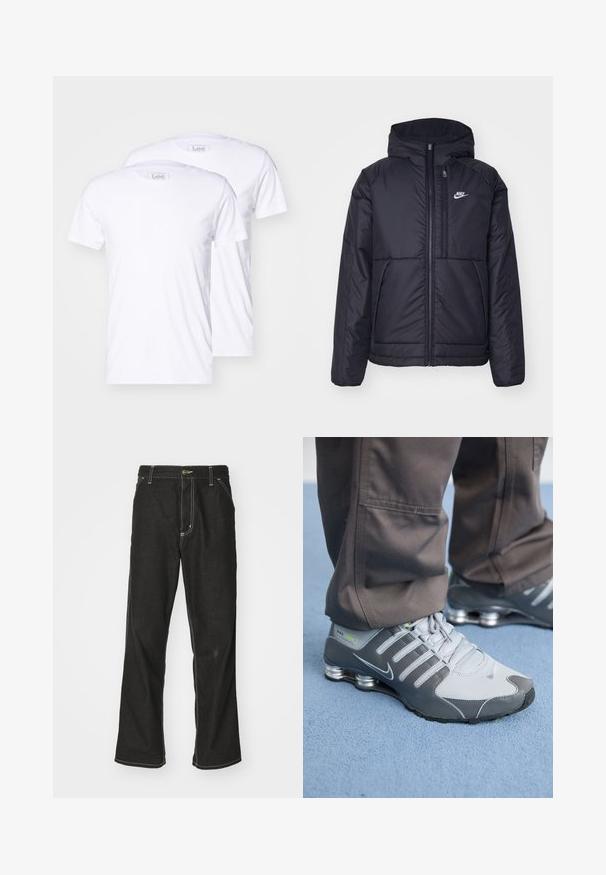 Jachetă Nike neagră, căptușită, cu fermoar pe față și glugă. Prezintă un logo alb pe pieptul stâng și două buzunare frontale. Textură exterioară netedă.; Două tricouri albe din bumbac cu mâneci scurte, gât rotund și branding Lee pe etichete. Textură netedă, croială clasică, fără modele suplimentare.; Jeans negri din denim, cu o croială largă, cu cusături albe contrastante, închidere cu nasture și un design cu picior drept.; Tenisii Nike Shox gri și argintii au un design elegant, cu materiale din plasă și sintetice, vârf rotunjit și guler căptușit.