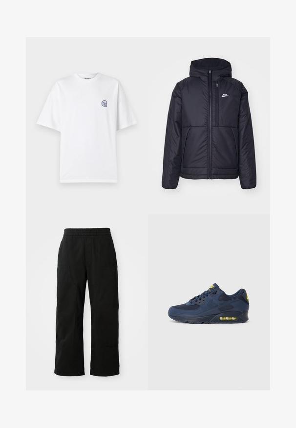 Chaqueta acolchada negra de Nike con cremallera frontal y capucha. Presenta un logo blanco en el lado izquierdo del pecho y dos bolsillos frontales. Textura exterior suave.; Camiseta de algodón blanca con cuello redondo y mangas cortas. Presenta un pequeño logotipo azul en el lado izquierdo del pecho. Textura suave.; Pantalones de algodón negros con una cinturilla elástica, diseño de pierna ancha y grandes bolsillos laterales. La tela parece suave con una textura lisa.; Zapatillas Nike Air Max en color azul marino, con parte superior de ante y malla, que presentan acentos amarillos, cordones en la parte frontal y amortiguación de aire visible en la suela.