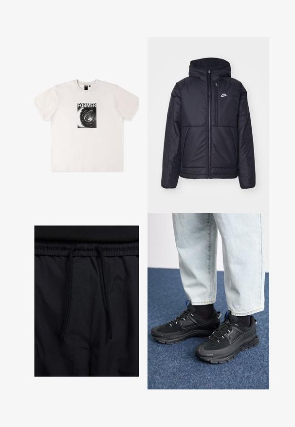 Černá zateplená bunda Nike s předním zipem a kapucí. Na levé straně hrudi má bílé logo a dvojité přední kapsy. Hladký povrch.; Bílý bavlněný tričko s krátkým rukávem, které na přední straně zdobí černý grafický potisk se slovem "FORMER" a spirálovým vzorem.; Černé šortky s páskem na šňůrku, lehký materiál s hladkou texturou a jednoduchý design bez viditelných log nebo vzorů.; Černé sportovní boty s texturovanou tkaninou a gumovou podrážkou, s elastickými tkaničkami a modrým akcentem na patě. Nosí se s světlými džíny.