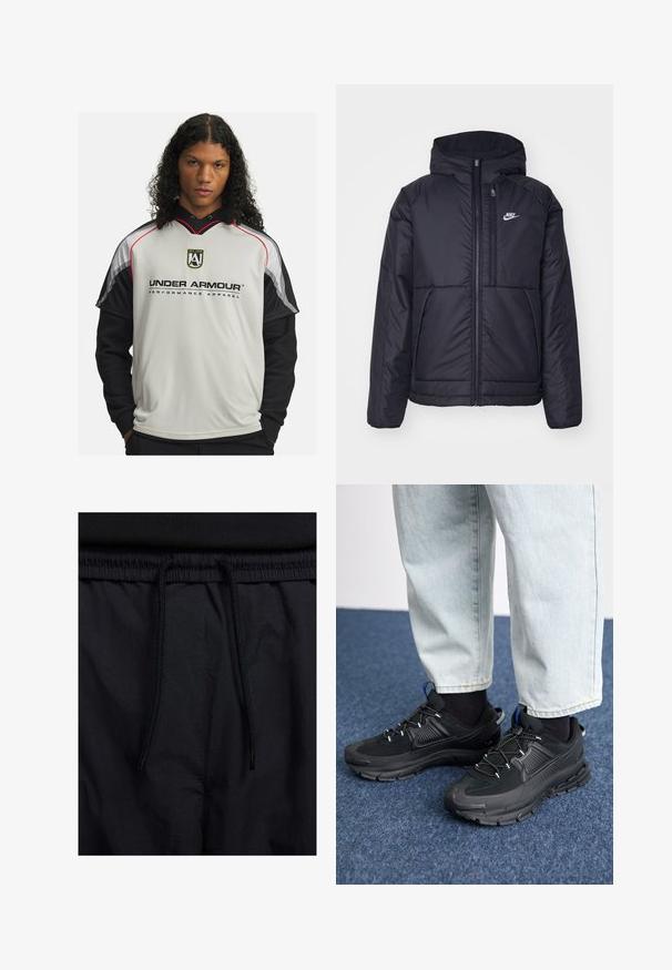 Must musta Nike jope, millel on ees lukuga avamine ja kapuuts. Vasakpoolne rind on kaunistatud valge logoga ning ees on kaks taskut. Sile välimine tekstuur.; Hallikas ja must kapuutsiga särk, millel on punased rõhutused, logo rinnal ja lühikesed varrukad koos sportliku disainiga. Sile tekstuur.; Mustad lühikesed püksid, millel on paelaga vöökoht, kerge kangas, mis on sileda tekstuuriga ning lihtne disain ilma nähtavate logode või mustriteta.; Mustad mustad jooksukingad, millel on tekstureeritud kangas ja kummist tallad, elastsed nöörid ning sinine aksent kandadel. Kandmine heledate teksadega.