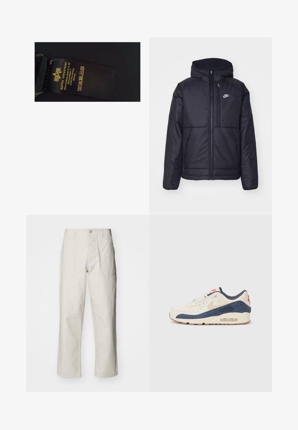Sort, polstret Nike-jakke med frontlynlås og hætte. Har et hvidt logo på venstre bryst og to frontlommer. Glat ydre tekstur.; Sort stofplejemærkat med gul tekst, der viser mærkenavnet "Alpha Industries", plejeinstruktioner og fremstillingsdetaljer.; Lysebeige brede bukser lavet af bomuld. Har forlommer og en knaplukning. Glat tekstur med subtile lodrette linjer.; Sneakers med en overdel i cremefarvet læder og marineblå ruskind, med en synlig luftsål, beige gummisål og røde detaljer på hælen.