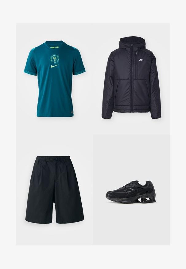 Svart, polstret Nike-jakke med frontglidelås og hette. Har en hvit logo på venstre bryst og doble frontlommer. Glatt ytterside.; Tyrkises athletic jersey med korte ærmer, som har en rund hals, teksturert stoff og et sirkulært Nigeria Football Federation emblem.; Svarte shorts med elastisk midje og justerbar snor. Laget av et glatt stoff, med løs passform og uten synlige mønstre.; Svart joggesko med mesh-overdel, polstret krage og fremtredende dempningsteknologi ved hælen. Har teksturerte detaljer og lisser.