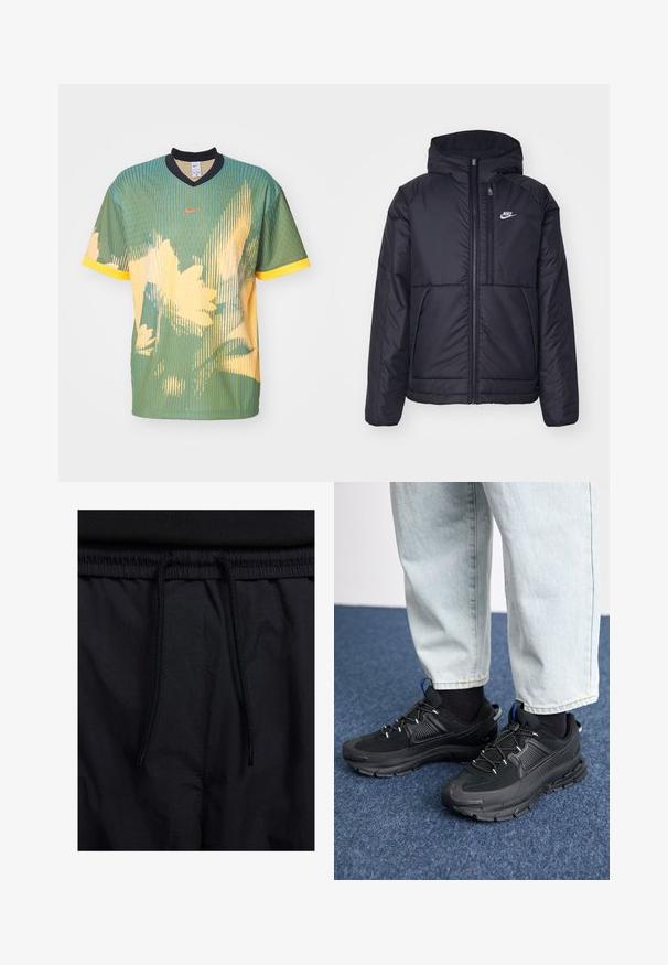 Svart, polstret Nike-jakke med frontglidelås og hette. Har en hvit logo på venstre bryst og doble frontlommer. Glatt ytterside.; Nike Performance CULTURE OF FOOTBALL JERSEY - T-skjorte til trening - bicoastal/black/sundial/bright crimson; Sorte shorts med snor i livet, lett stoff med en jevn tekstur, og et enkelt design uten synlige logoer eller mønstre.; Svarte sportssko med teksturert stoff og gummisåler, med elastiske lisser og en blå detalj på hælen. Brukt med lyse denimbukser.
