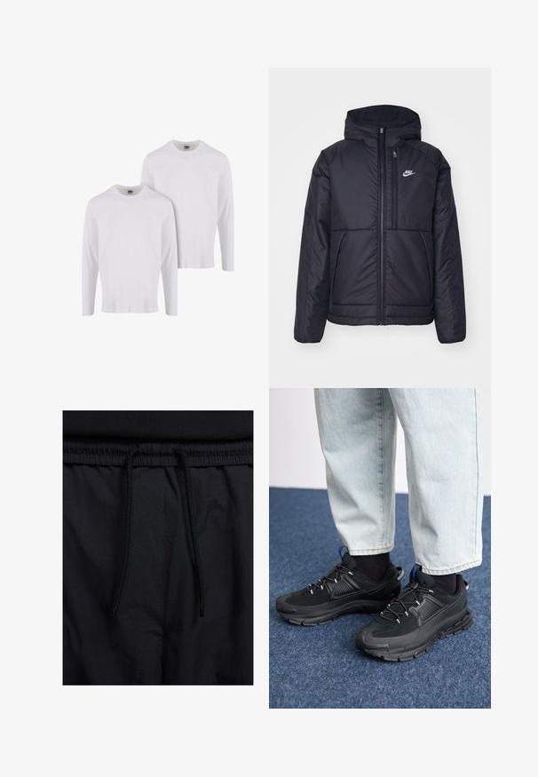 Črna, podložena Nike jakna z sprednjim zadrgo in kapuco. Ima bel logo na levem prsnem delu in dvojna sprednja žepa. Gladka zunanja tekstura.; Dva bele majice z dolgimi rokavi iz bombaža. Imajo okroglo ovratnico in rebraste manšete. Preprost dizajn, brez vzorcev ali poudarkov.; Črne kratke hlače z vrvico v pasu, lahkotna tkanina z gladko teksturo in preprosto zasnovo brez vidnih logotipov ali vzorcev.; Črne športne čevlje z teksturirano tkanino in gumijastimi podplati, ki imajo elastične vezalke ter modre poudarke na peti. Nosi se z lahkimi denim hlačami.