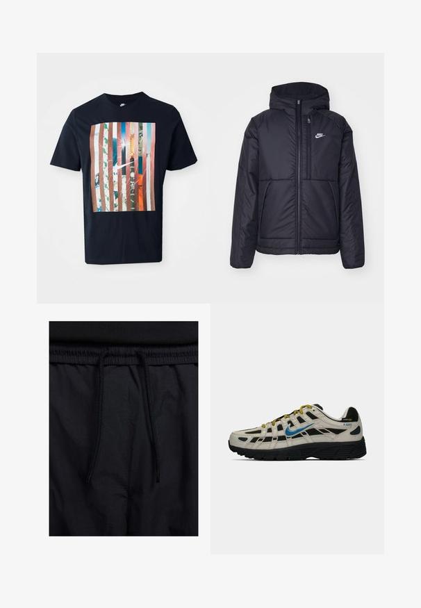 Μαύρο, επενδυμένο μπουφάν Nike με μπροστινό φερμουάρ και κουκούλα. Διαθέτει λευκό λογότυπο στο αριστερό στήθος και διπλές μπροστινές τσέπες. Λείο εξωτερικό υλικό.; Μαύρη μπλούζα τύπου t-shirt με γραφικό σχέδιο που περιλαμβάνει κατακόρυφες ρίγες σε διάφορους τόνους, ενσωματώνοντας αστικά στοιχεία και το λογότυπο της Nike.; Μαύρο σορτσάκι με ζωνάκι που ρυθμίζεται, ελαφρύ ύφασμα με απλή υφή και απλό σχέδιο χωρίς ορατά λογότυπα ή μοτίβα.; Μπεζ και μαύρα sneakers Nike P-6000 με μπλέ σουέτ, κίτρινες κορδόνες, μαύρη σόλα και ετικέτα από ύφασμα Cordura στην φτέρνα.