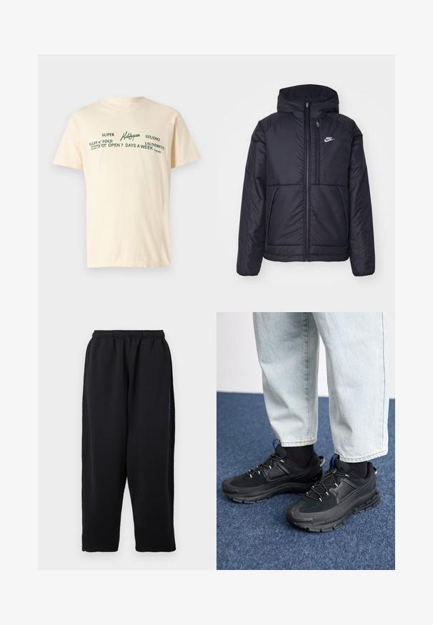 Svart, vadderad Nike-jacka med dragkedja framtill och huva. Har en vit logotyp på vänster bröst och dubbla framfickor. Slät yttextur.; Krämfärgad bomull t-shirt med korta ärmar som har grön text som säger "KidSuper", "Super Fluff n' Fold" och tvättinformation.; Svarta sweatpants i mjukt tyg, med resår i midjan, vida ben och sidofickor med diskreta blå detaljer.; Svarta sportskor med texturerat tyg och gummisulor, med elastiska snörningar och en blå detalj på hälen. Bärs med ljusa jeans.