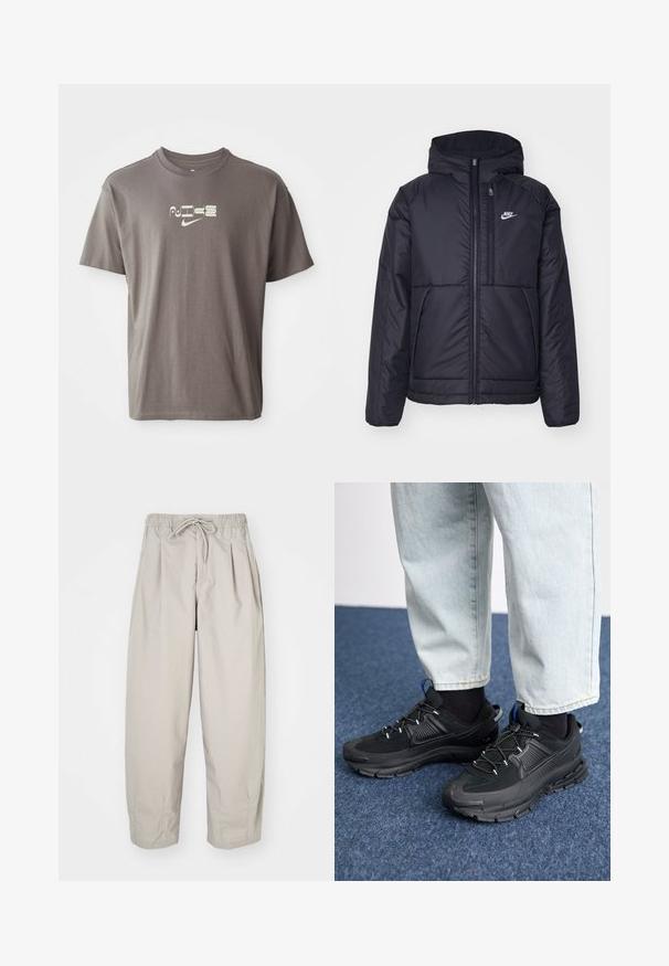 Črna, podložena Nike jakna z sprednjim zadrgo in kapuco. Ima bel logo na levem prsnem delu in dvojna sprednja žepa. Gladka zunanja tekstura.; Rjava kratkotrajna majica s kratkimi rokavi z jasno barvo logotipa "Nike" natisnjenim spredaj, ki se ponaša s sproščenim in udobnim krojem.; Bež hlače iz lahkega materiala z elastičnim pasom in vrvico. Imajo gube in ohlapen kroj, izdelane so iz mehkega, gladkega blaga.; Črne športne čevlje z teksturirano tkanino in gumijastimi podplati, ki imajo elastične vezalke ter modre poudarke na peti. Nosi se z lahkimi denim hlačami.