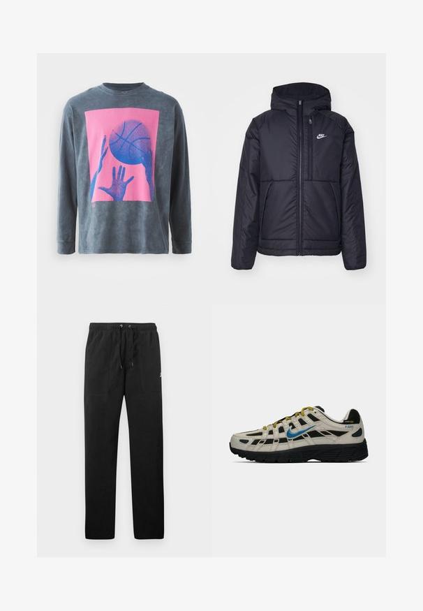Svart, polstret Nike-jakke med frontglidelås og hette. Har en hvit logo på venstre bryst og doble frontlommer. Glatt ytterside.; Grå genser med lange ermer som har et rosa grafisk design av hender som rekker ut etter en blå basketball med prikkete detaljer.; Sorte joggebukser laget av fleece, med elastisk liv med snøring, to frontlommer og en liten logo på låret.; Beige og svart Nike P-6000 sneakers med blå swoosh, gule lisser, svart såle og Cordura-stoffetikett på hælen.