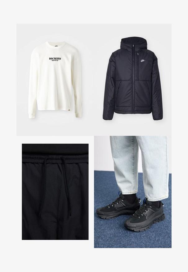 Juodas, paminkštintas Nike džemperis su priekyje užtrauktuku ir gobtuvu. Pasižymi balta logo kairėje krūtinės pusėje ir dviem priekinėmis kišenėmis. Su lygiu išoriniu paviršiumi.; Balta ilgomis rankovėmis megzta palaidinė, turinti juodą „DICKIES“ logotipą su užrašu „SINCE '22“ po juo, apvaliu kaklu ir rankovėmis su raukiniais.; Juodos šortai su raišteliu juosmens srityje, lengva medžiaga su lygiu paviršiumi ir paprastas dizainas be matomų logotipų ar raštų.; Juodi sportiniai bateliai su tekstūruota medžiaga ir guminiais padais, su elastingomis raišteliais ir mėlynu akcentu ant kulno. Dėvimi su šviesiai mėlynomis džinsinėmis kelnėmis.