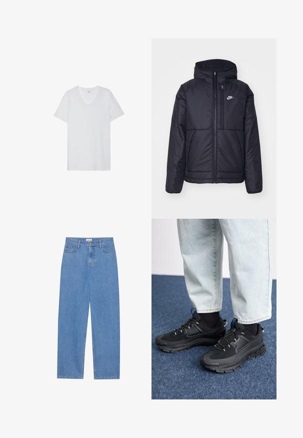 Czarna, pikowana kurtka Nike z przednim zamkiem błyskawicznym i kapturem. Posiada białe logo po lewej stronie klatki piersiowej oraz podwójne kieszenie z przodu. Gładka struktura zewnętrzna.; Biała koszulka z krótkim rękawem o dekolcie w serek, gładka tekstura, lekki materiał i dyskretne logo blisko kołnierza.; Jasnoniebieskie dżinsy w prostym kroju, z pięcioma kieszeniami, jednobutonowym zapięciem i subtelnymi detalami haftu na szwach.; Czarne buty sportowe z teksturowanej tkaniny i gumowymi podeszwami, z elastycznymi sznurówkami i niebieskim akcentem na pięcie. Noszone z jasnymi dżinsami.