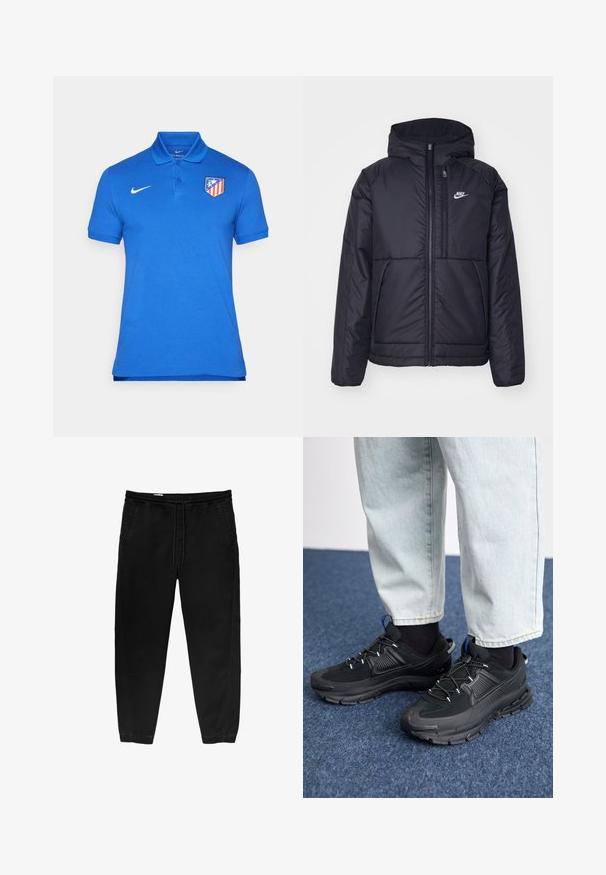 Giacca Nike nera, imbottita, con zip frontale e cappuccio. Presenta un logo bianco sul lato sinistro del petto e doppie tasche frontali. Texture esterna liscia.; Polo shirt blu in cotone, con colletto, pattina con tre bottoni, maniche corte e logo del club rosso e giallo sul petto sinistro.; Pantaloni neri con cintura elastica e coulisse, gamba affusolata, tasche laterali e sottili dettagli di cucitura laterale. Tessuto in cotone morbido.; Scarpe sportive nere con tessuto testurizzato e suole in gomma, dotate di lacci elastici e un accento blu sul tallone. Indossate con pantaloni in denim chiaro.