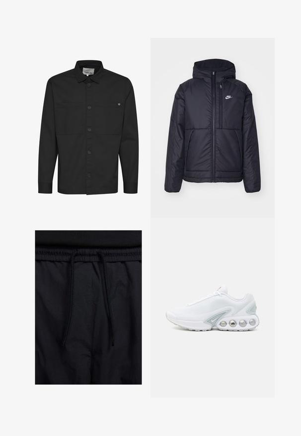 Giacca Nike nera, imbottita, con zip frontale e cappuccio. Presenta un logo bianco sul lato sinistro del petto e doppie tasche frontali. Texture esterna liscia.; Maglietta nera a maniche lunghe con chiusura a bottoni frontale, due tasche sul petto e colletto a punta. Realizzata in tessuto liscio con finitura opaca.; Shorts neri con vita regolabile tramite coulisse, tessuto leggero con una texture liscia e un design semplice senza loghi o motivi visibili.; Sneaker bianco in rete con accenti grigi, punta arrotondata e suola imbottita visibile con tasche d'aria circolari e dettaglio di marca.