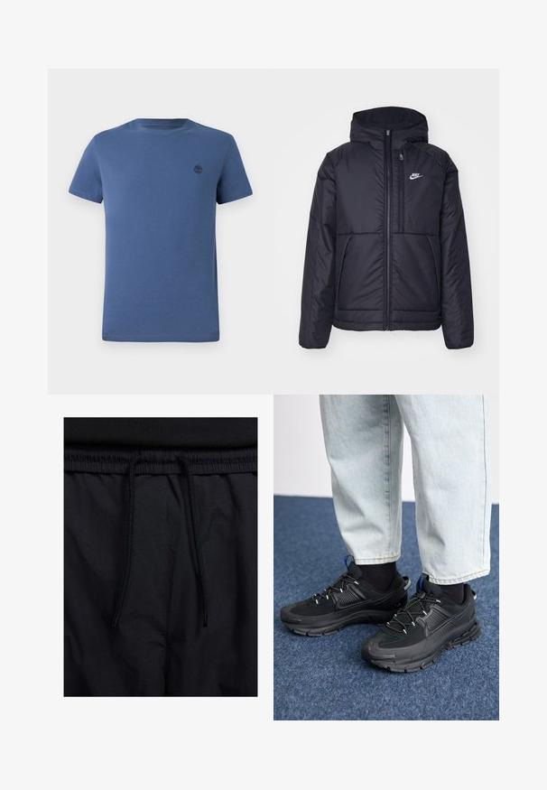 Melna, pufota Nike jaka ar priekšējo rāvējslēdzēju un kapuci. Iezīmēta ar baltu logotipu uz kreisās krūtis un divām priekšējām kabatām. Gluda ārējā tekstūra.; Zila kreklaina t-kreklu ar apaļu izgriezumu, kas izgatavota no kokvilnas, ar īsām piedurknēm un mazu tumšu koka logo kreisajā krūšu daļā.; Melni šorti ar sašūtu jostu, viegls audums ar gludu tekstūru un vienkāršs dizains bez redzamiem logotipiem vai paraugiem.; Melni sporta apavi ar strukturētu audumu un gumijas zoli, ar elastīgām auklām un zilu akcentu uz papēža. Nēsāti ar gaišām džinsu biksēm.