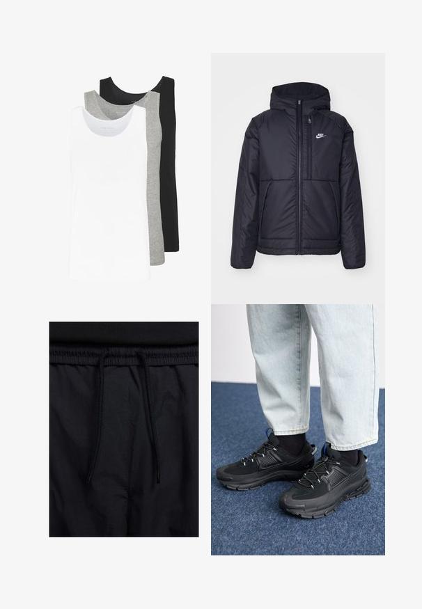 Sort, polstret Nike-jakke med frontlynlås og hætte. Har et hvidt logo på venstre bryst og to frontlommer. Glat ydre tekstur.; Tre tank tops i hvid, grå og sort. Hver af dem har et klassisk ærmeløst design, lavet af let bomuldsstof med ribbet tekstur.; Sorte shorts med snoretræk i taljen, letvægtsstof med en glat tekstur og et simpelt design uden synlige logoer eller mønstre.; Sorte træningssko med tekstureret stof og gummisåler, udstyret med elastiske snørebånd og en blå detalje på hælen. Bæres med lyse denimbukser.
