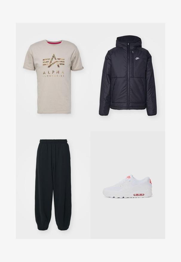 Černá zateplená bunda Nike s předním zipem a kapucí. Na levé straně hrudi má bílé logo a dvojité přední kapsy. Hladký povrch.; Béžové bavlněné tričko s logem "ALPHA INDUSTRIES" v maskáčovém vzoru a pěti horizontálními pruhy nahoře, krátkým rukávem a kulatým výstřihem.; Černé teplákové kalhoty s elastickým pasem, volným střihem, manžetami na kotnících, hladkým povrchem a bez viditelných vzorů či kovových detailů.; Bílé sportovní tenisky s hladkým svrškem, šněrováním, polstrovanou podrážkou a viditelnou vzduchovou jednotkou s červenými akcenty na značce.