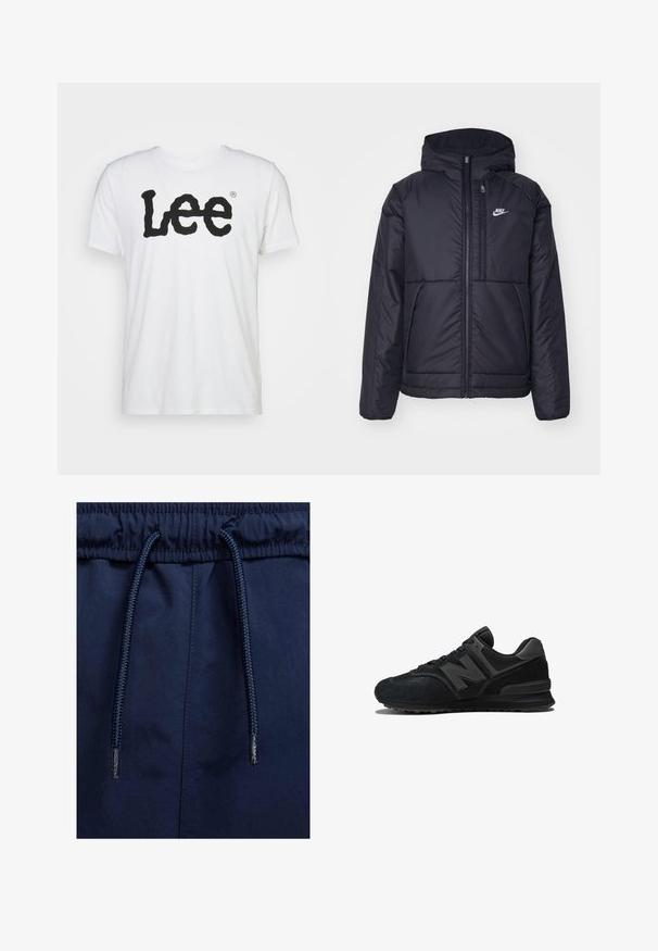 Musta, pehmustettu Nike-takki, jossa on etuvetoketju ja huppu. Vasemmassa rinnassa on valkoinen logo ja takissa on kaksinkertaiset etutaskut. Pintakoe on sileä.; Valkoinen puuvillapaita, jossa on suuri musta "Lee" -logo aaltoilevalla fontilla rinnassa. Lyhythihainen ja pyöreäkaula-design.; Tummansininen väkerretyt vyötäröshortsit, joissa on joustava vyötärö, teksturoitu nauha ja sileä kangas.; Mustat sneakerit, joissa on samettinen ja verkkomateriaali päällinen, paksu pohja ja näkyvä 'N' logo sivulla. Raikas rakenne, jossa on nauhakiristys.