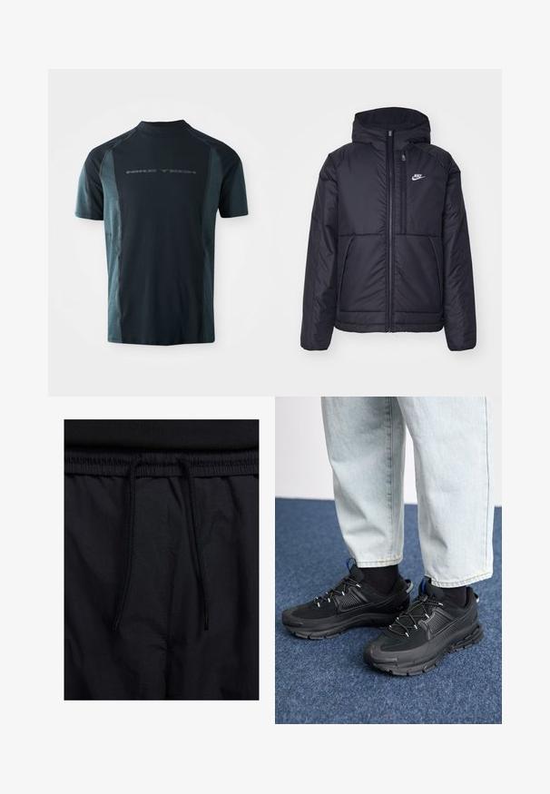 Černá zateplená bunda Nike s předním zipem a kapucí. Na levé straně hrudi má bílé logo a dvojité přední kapsy. Hladký povrch.; Tričko s krátkým rukávem Nike Tech, s tmavě námořnickým tělem a světle tyrkysovými bočními panely a vysokým límcem. Logo tištěné na přední straně.; Černé šortky s páskem na šňůrku, lehký materiál s hladkou texturou a jednoduchý design bez viditelných log nebo vzorů.; Černé sportovní boty s texturovanou tkaninou a gumovou podrážkou, s elastickými tkaničkami a modrým akcentem na patě. Nosí se s světlými džíny.