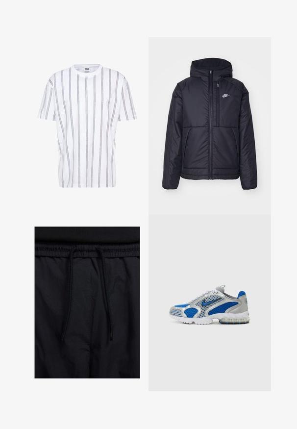 Juodas, paminkštintas Nike džemperis su priekyje užtrauktuku ir gobtuvu. Pasižymi balta logo kairėje krūtinės pusėje ir dviem priekinėmis kišenėmis. Su lygiu išoriniu paviršiumi.; Balta trumpa rankovė t-shirt su vertikaliomis daugiaspalvėmis juostelėmis. Apvalus kaklas ir laisvas kirpimas, pagaminta iš medvilnės.; Juodos šortai su raišteliu juosmens srityje, lengva medžiaga su lygiu paviršiumi ir paprastas dizainas be matomų logotipų ar raštų.; Mėlyni ir sidabriniai sportiniai bateliai su tinkliniais intarpais, paminkštinta apykakle ir permatomu padu su mėlynomis detalėmis. Kontrastinės raištelės užbaigia dizainą.