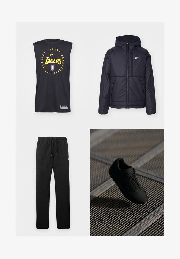 Casaco Nike preto, acolchoado, com fecho à frente e capuz. Apresenta um logo branco no lado esquerdo do peito e dois bolsos frontais. Textura exterior lisa.; Camisola sem mangas da Nike na cor preta com texto amarelo "Lakers", gráficos de basquetebol e um rótulo com a marca da NBA na barra. Tecido suave.; Calças de fato de treino pretas feitas de polar, com uma cintura elástica e cordões, dois bolsos frontais e um pequeno logótipo na coxa.; Sneaker preto com uma textura suave, biqueira redonda, atacadores à frente e uma marcação sutil. Exibido contra um fundo industrial texturizado.
